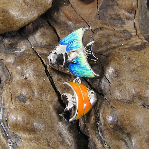 Solid 925 Sterling Silver and Enamel Pair of Fish Double Fishes Slide Pendant - Picture 3 of 8